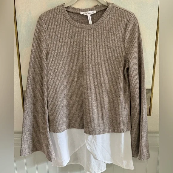 BCBGeneration Layered Peplum Crewneck Sweater Shirt Tan White Bell Sleeve Sz Sm - Picture 1 of 7
